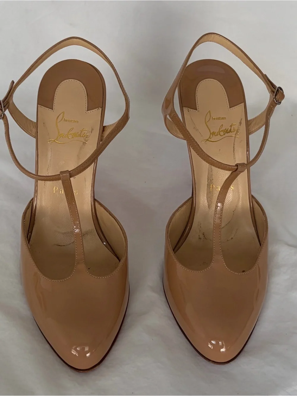 Christian Louboutin Nude Patent Leather T-Strap Slingback Pumps with Red Soles